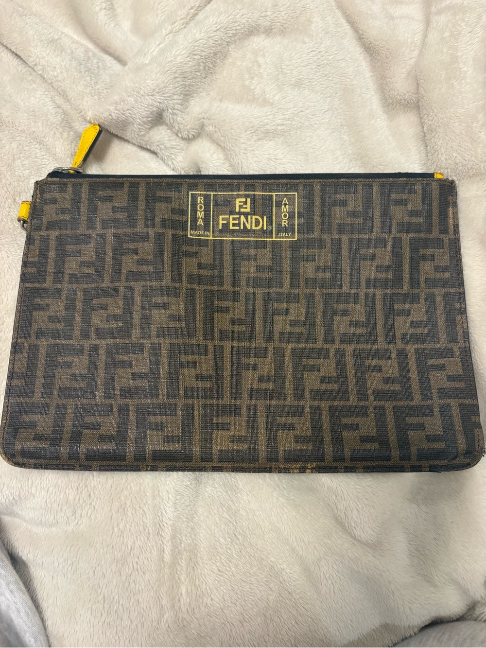 Fendi Brown FF Logo Canvas Pouch with Yellow Trim